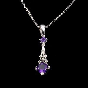 Necklace Round Purple Amethyst 7 mm White Topaz 925 Sterling Silver Unheated
